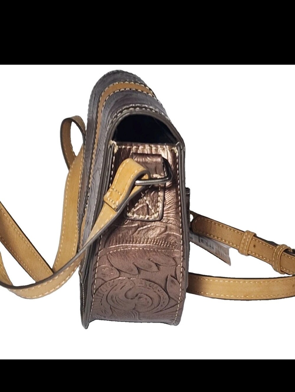 NWT Tony Lama Crossbody Purse Western Tooled 2 Tone Brown Brown Tan Saddle Bag - Picture 3 of 9